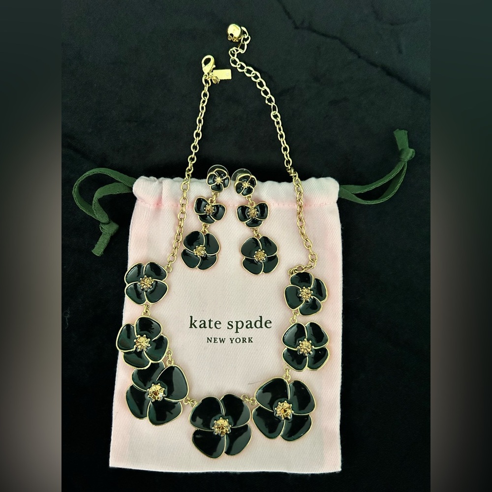 Kate Spade Flutter Floral Drop Earrings and Necklace Set Black And Gold Enamel